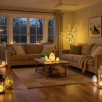 Stimmungsvolle Osterdeko im großen Wohnzimmer mit leuchtenden Eiern, Laternen und warmem Kerzenlicht