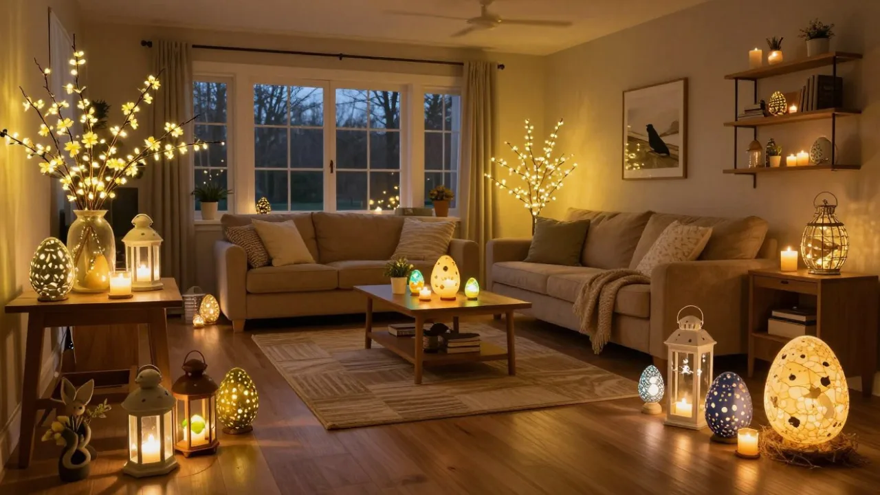 Stimmungsvolle Osterdeko im großen Wohnzimmer mit leuchtenden Eiern, Laternen und warmem Kerzenlicht