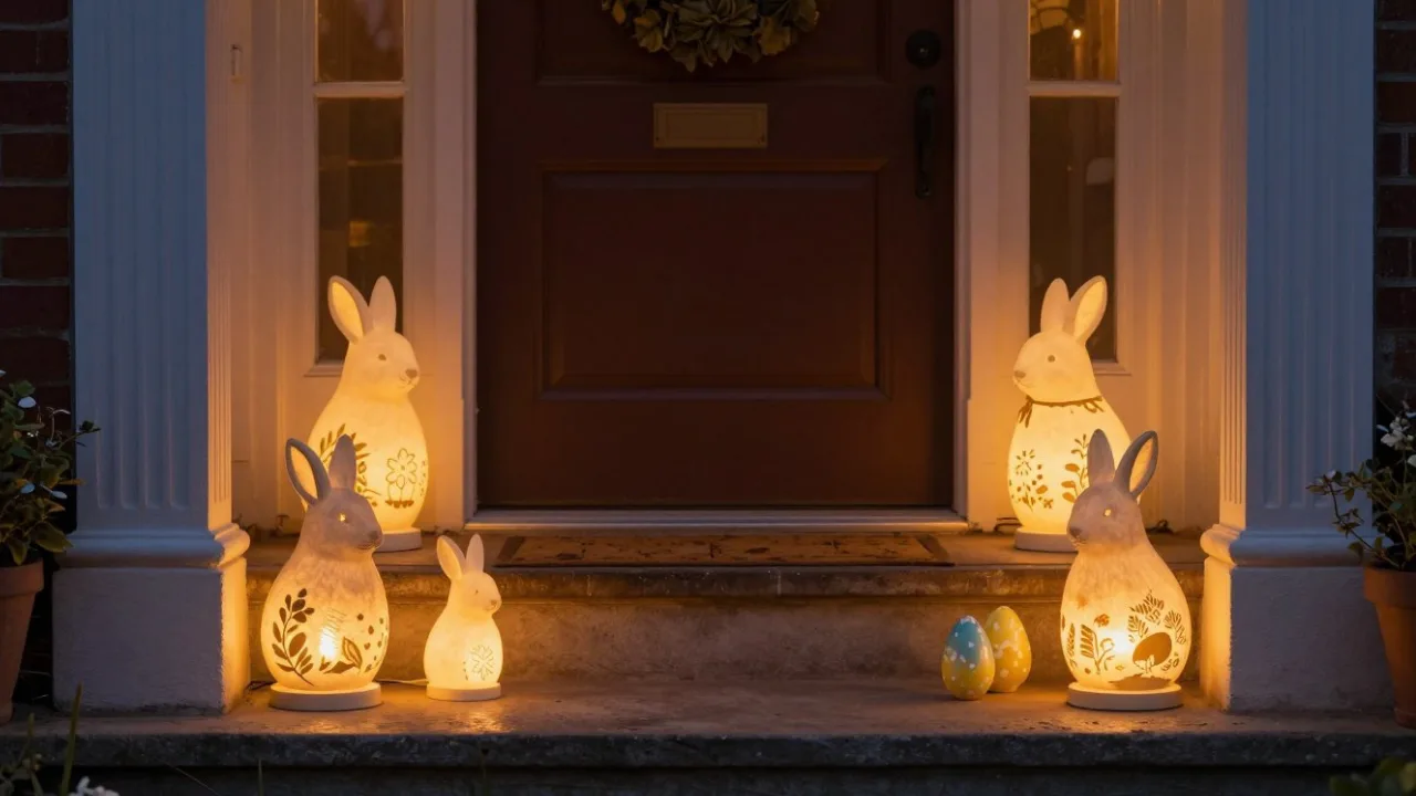 Leuchtende Osterhasenfiguren schmücken den Hauseingang und sorgen abends für eine warme, festliche Atmosphäre