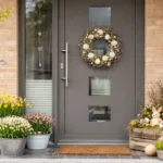 Graue Haustür mit Osterkranz, Frühlingsblumen und natürlicher Osterdekoration im Eingangsbereich