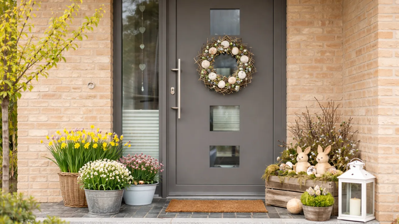 Graue Haustür mit Osterkranz, Frühlingsblumen und natürlicher Osterdekoration im Eingangsbereich