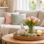 Helles Wohnzimmer mit Osterdeko, Tulpen und Hasenfigur auf Couchtisch
