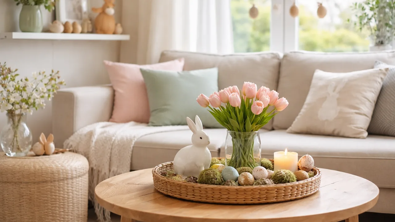 Helles Wohnzimmer mit Osterdeko, Tulpen und Hasenfigur auf Couchtisch