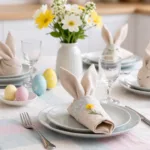 Osterdeko Küche mit Serviettenhasen, Blumen und pastellfarbenen Eiern auf dem Tisch