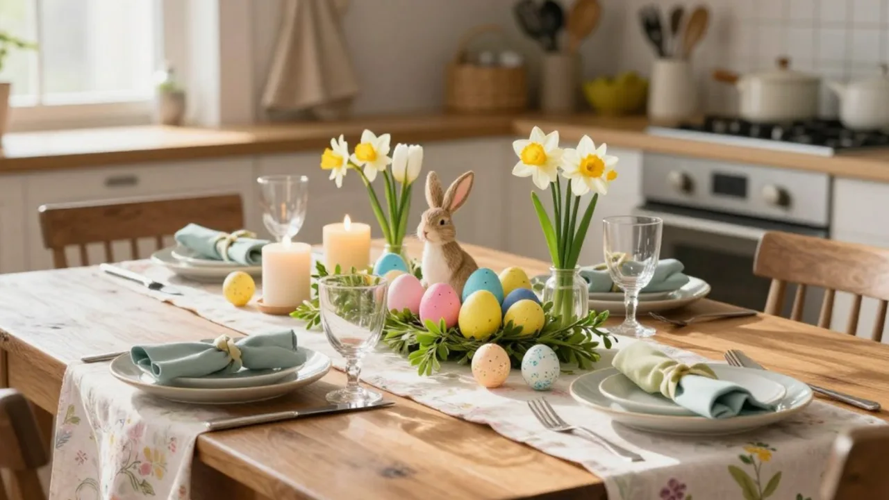 Osterdeko für den Küchentisch mit Hasenfigur, Pastelleiern, Narzissen und Kerzen