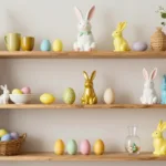 Osterdeko fürs Regal mit Keramikhasen, bunten Ostereiern und Holzregal in Pastellfarben