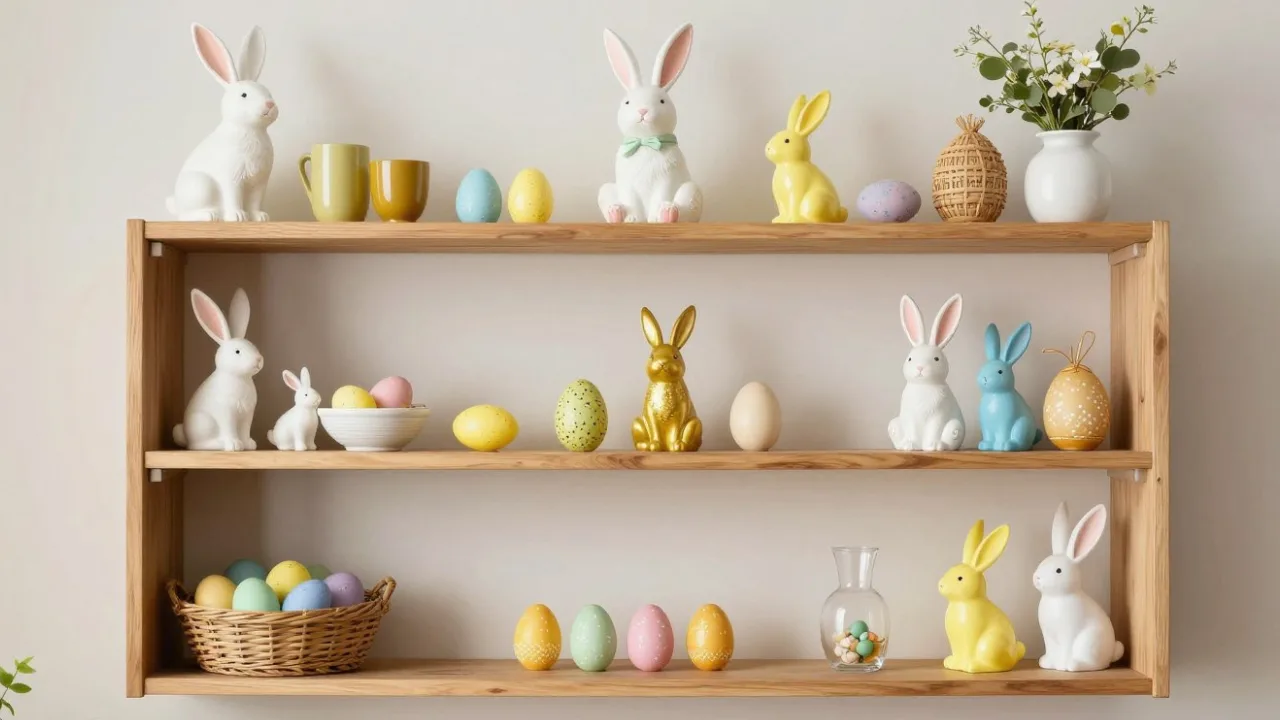 Osterdeko fürs Regal mit Keramikhasen, bunten Ostereiern und Holzregal in Pastellfarben