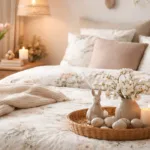 Osterdeko im Schlafzimmer mit Keramikhase, Blumen und frühlingshafter Bettwäsche