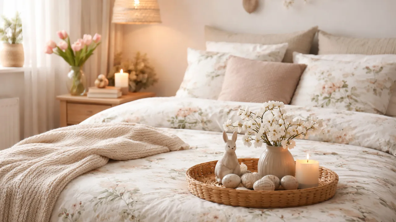 Osterdeko im Schlafzimmer mit Keramikhase, Blumen und frühlingshafter Bettwäsche