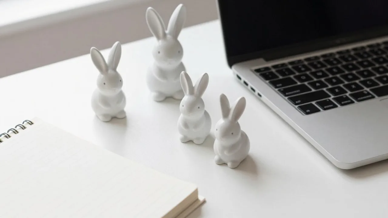 Osterdeko für den Schreibtisch mit weißen Keramikhasen neben Laptop im Homeoffice