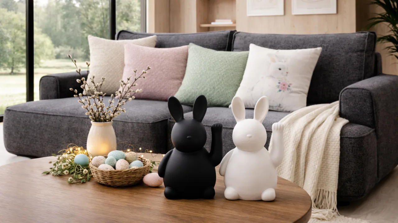 Helles Sofa mit Osterdeko, Pastellkissen und Frühlingsdetails im Wohnzimmer