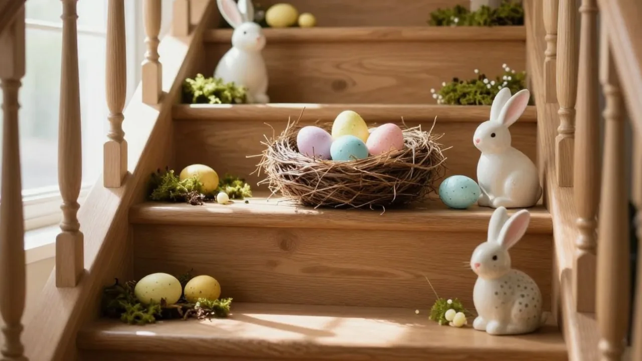 Osterdeko für Treppenstufen mit harmonischer Frühlingsdekoration und natürlichen Materialien