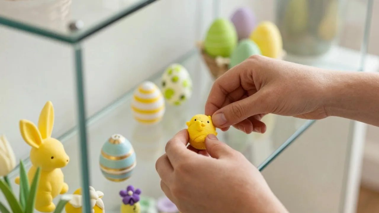 Osterdeko in Glasvitrine mit bunten Eiern, Kükenfigur und gelbem Hasen