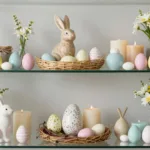 Osterdeko für die Vitrine mit Blumen, Kerzen und pastellfarbenen Eiern