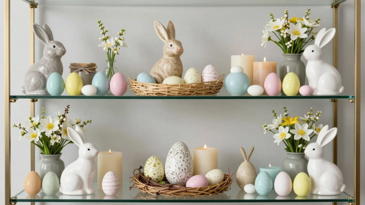 Osterdeko für die Vitrine mit Blumen, Kerzen und pastellfarbenen Eiern