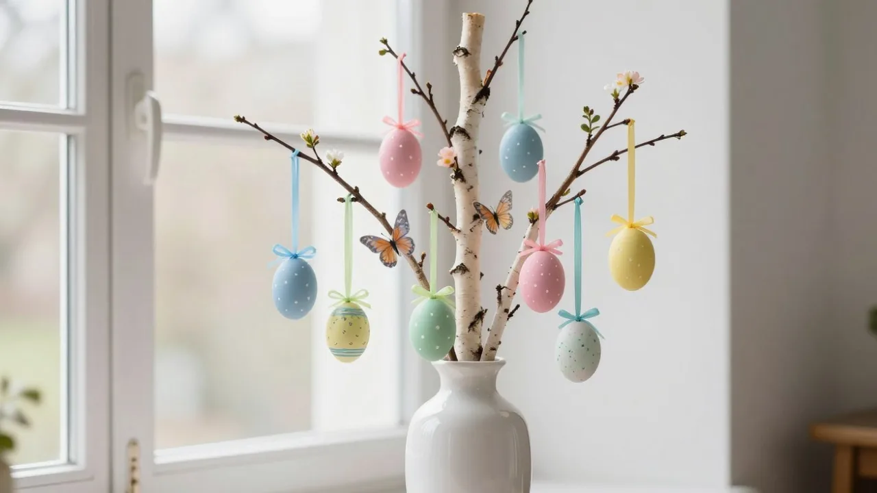 Ostern gemütlich dekorieren mit Pastell Ostereiern am Osterzweig in heller Vase am Fenster