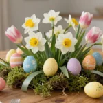 Frühlings-Ostergesteck mit Narzissen, Tulpen, Moos und bunten Ostereiern auf Holztisch