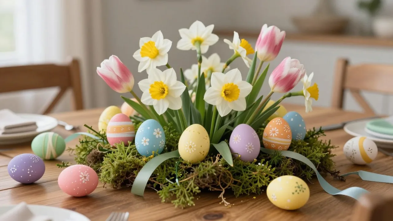 Frühlings-Ostergesteck mit Narzissen, Tulpen, Moos und bunten Ostereiern auf Holztisch