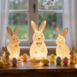 Leuchtende Osterhasenfiguren auf Holztisch mit bunten Eiern – gemütliche Osterdeko für zuhause