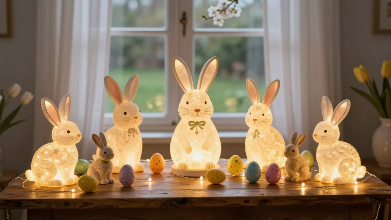 Leuchtende Osterhasenfiguren auf Holztisch mit bunten Eiern – gemütliche Osterdeko für zuhause