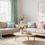 Wohnzimmer mit Pastell Osterdeko in Rosé und Mint als Trendfarben zu Ostern