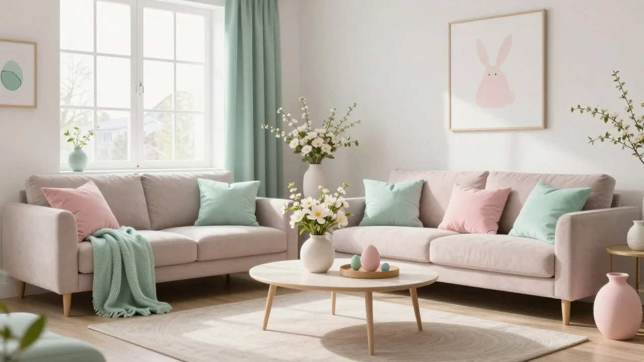 Wohnzimmer mit Pastell Osterdeko in Rosé und Mint als Trendfarben zu Ostern
