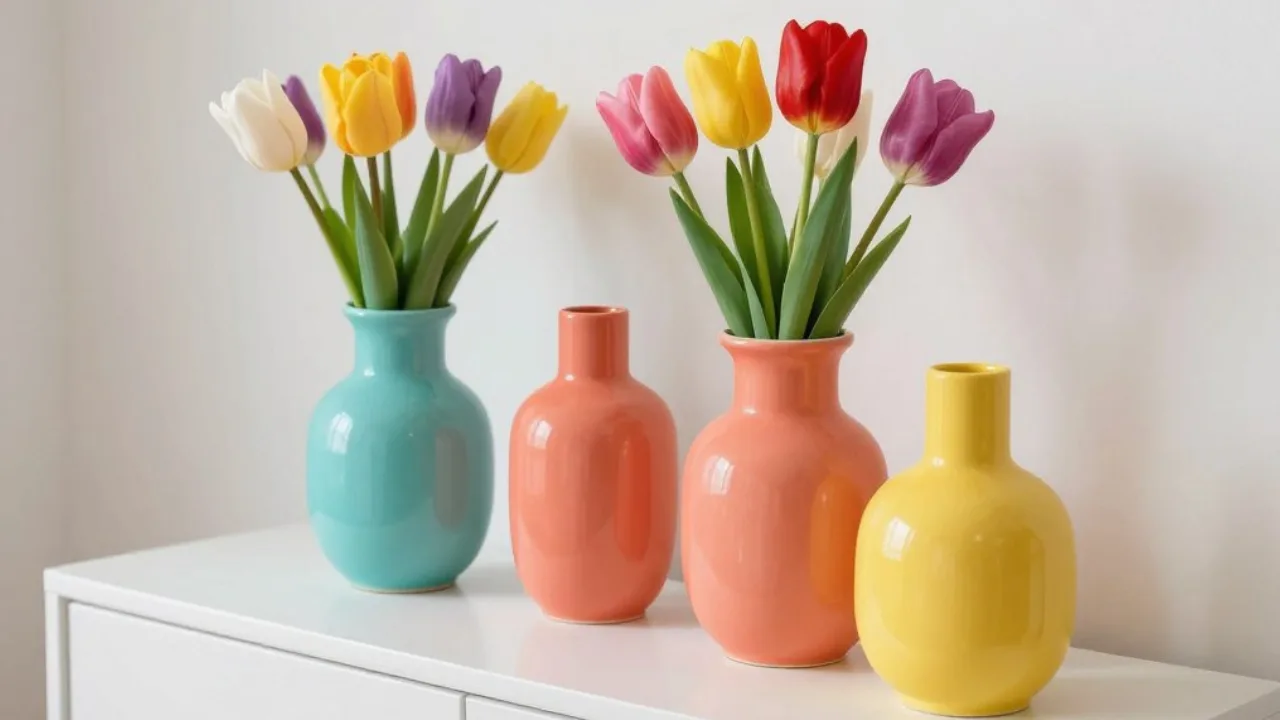 Tulpendeko fürs Wohnzimmer mit bunten Vasen und farbigen Tulpen auf Sideboard