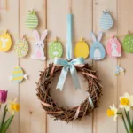 Bunte Oster-Girlande mit Eiern und Hasen über einem Weidenkranz, umgeben von Tulpen und Narzissen als Frühlingsdeko.