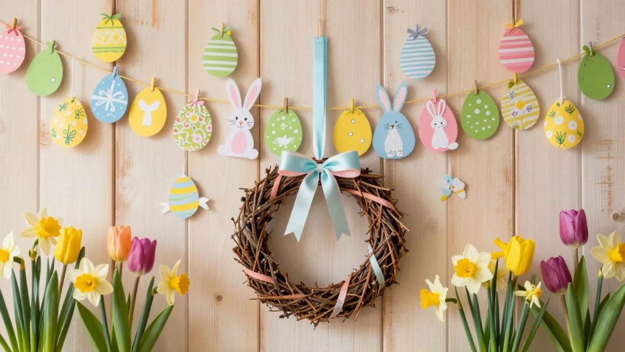 Bunte Oster-Girlande mit Eiern und Hasen über einem Weidenkranz, umgeben von Tulpen und Narzissen als Frühlingsdeko.