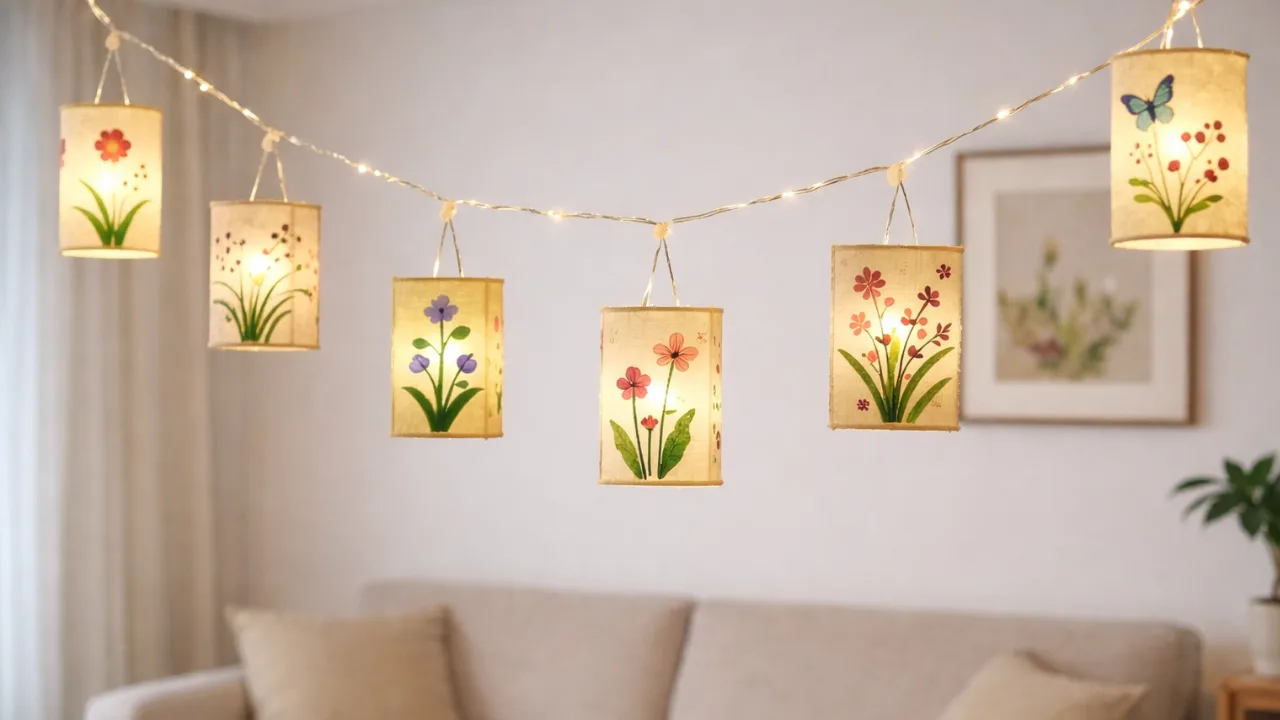 Hängende Papierlaternen mit Blumenmotiven und Lichterkette als stimmungsvolle Frühlingsdeko im Wohnzimmer.