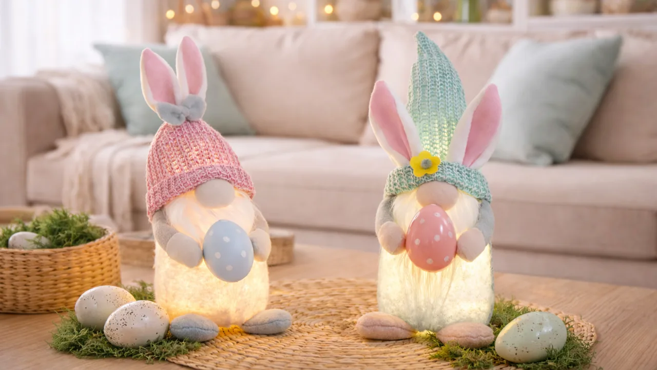 Zwei beleuchtete Osterwichtel mit Eiern als günstige Wohnzimmerdeko zu Ostern unter 20 Euro