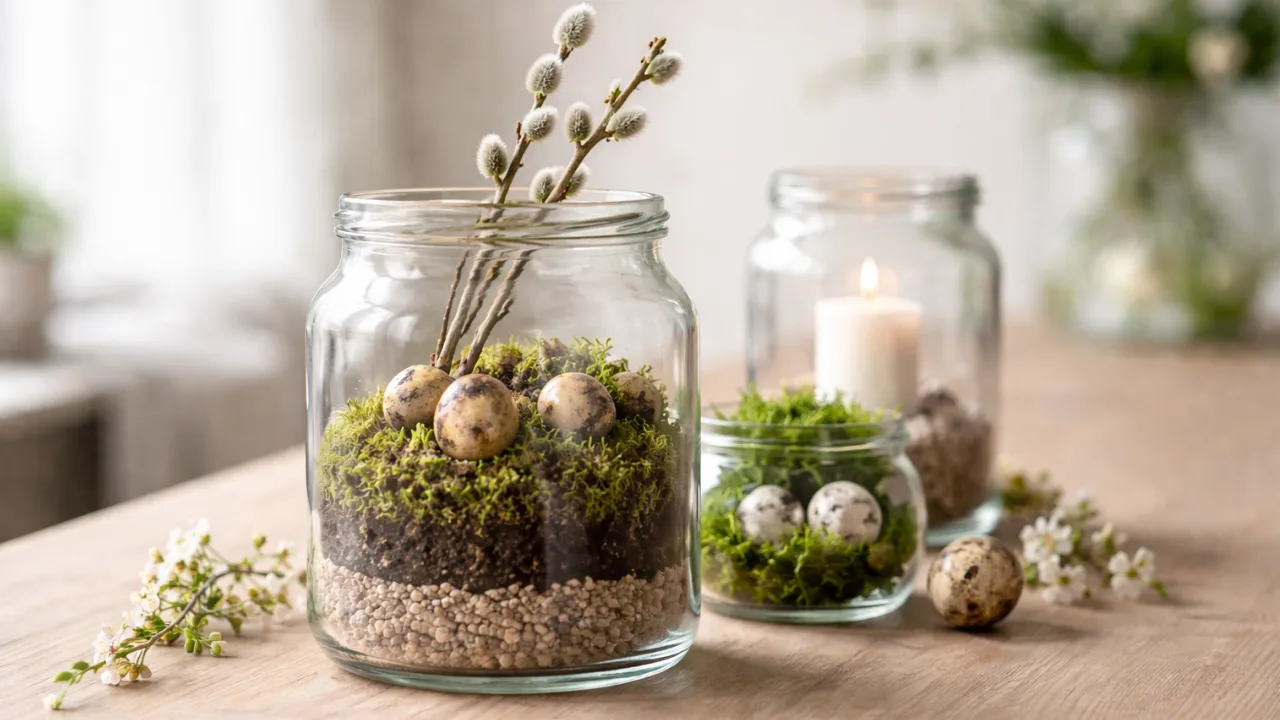 Gläser dekorieren Frühling mit Moos, Wachteleiern und Zweigen auf Holztisch dekoriert