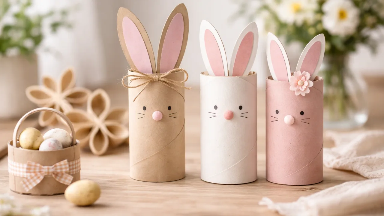 Osterdeko aus Klopapierrollen mit DIY-Osterhasen und kleinen Osterkörbchen auf Holztisch im Frühlingslicht