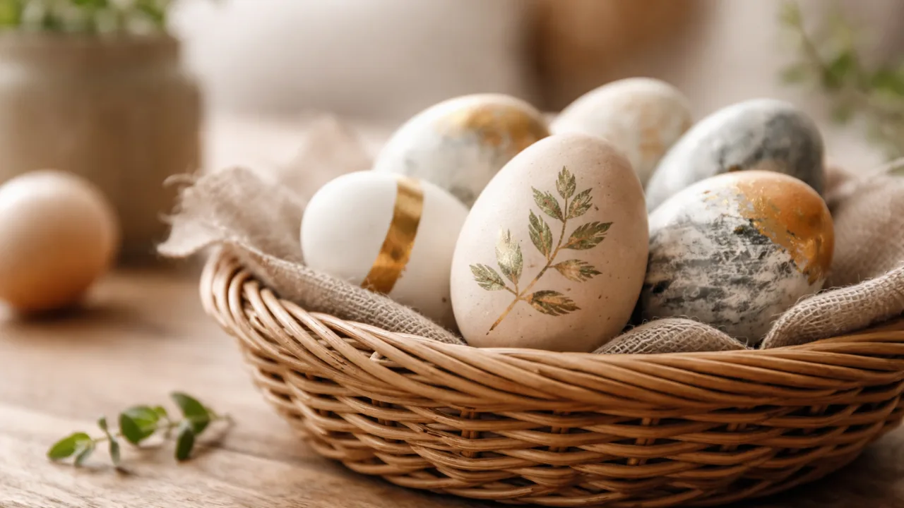 Ostereier bemalen mit Naturprint, Goldakzent und Marmoroptik in dekorativer Holzschale auf Tisch