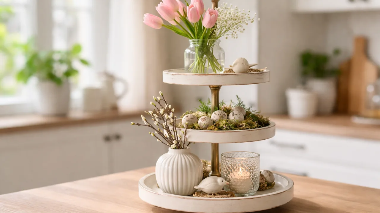 Etagere dekorieren Frühling mit Tulpen, Glasvase und natürlicher Frühlingsdeko in heller Küche