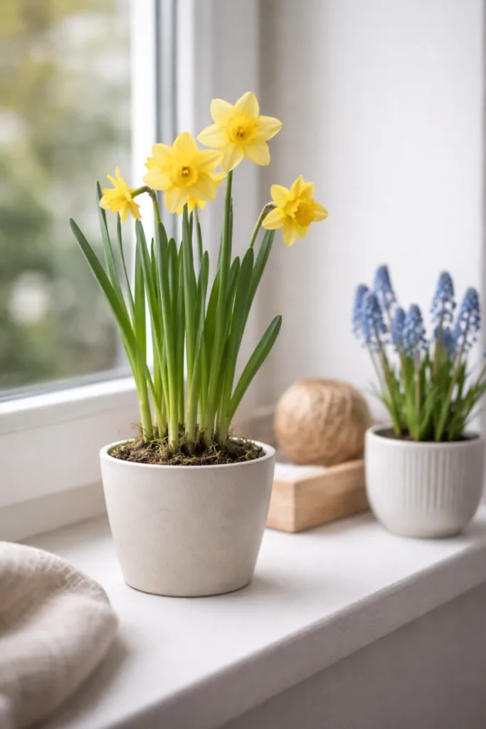 5 moderne Deko-Ideen für deine Fensterbank im April Fensterbank Deko im April mit Narzissen und Frühlingspflanzen in heller, natürlicher Gestaltung