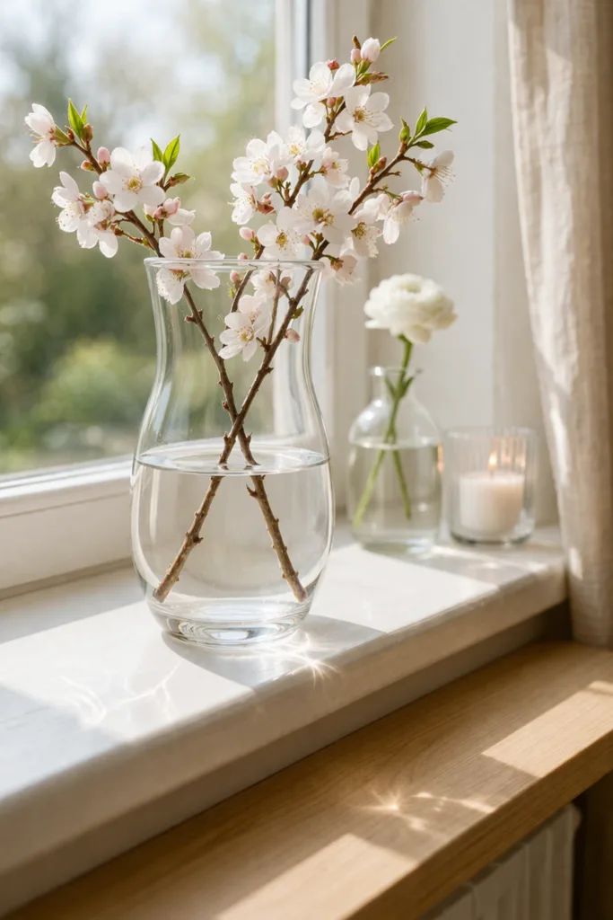 5 moderne Deko-Ideen für deine Fensterbank im April Fensterbank Deko im April mit Glasvase, Blütenzweigen und natürlichem Tageslicht