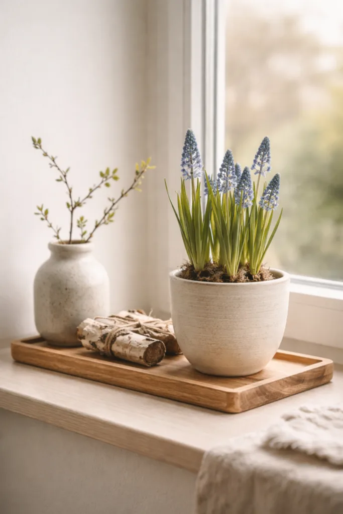 5 moderne Deko-Ideen für deine Fensterbank im April Fensterbank Deko im April mit Holztablett, Keramiktopf und Frühlingspflanzen in natürlicher Gestaltung