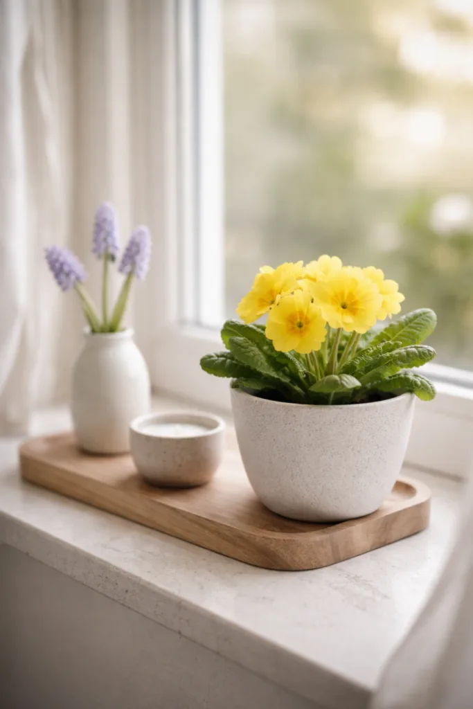 5 moderne Deko-Ideen für deine Fensterbank im April Fensterbank Deko im April mit gelber Primel, Glasvase und natürlichen Materialien im Tageslicht