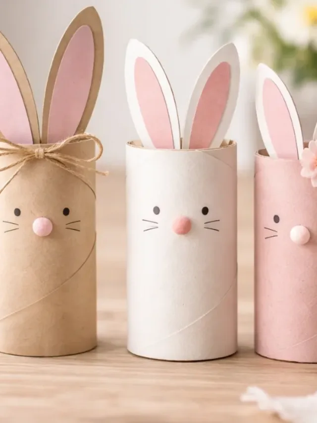 Osterdeko aus Klopapierrollen mit DIY-Osterhasen und kleinen Osterkörbchen auf Holztisch im Frühlingslicht