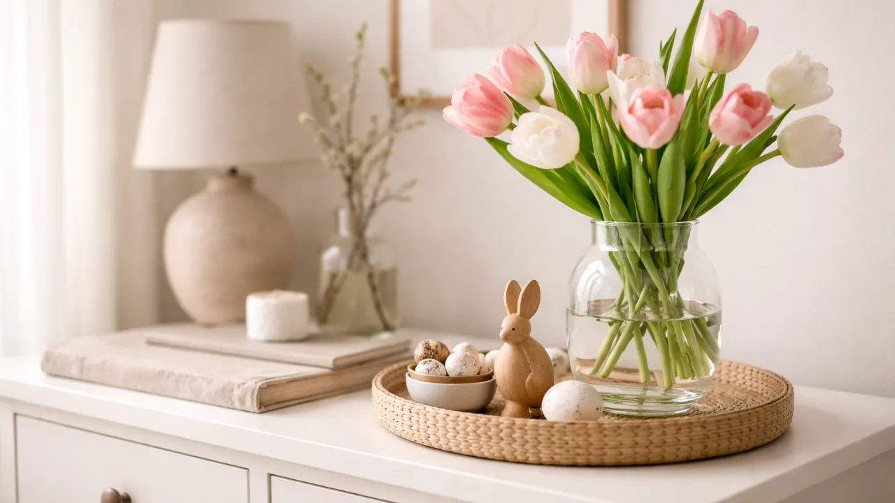 Kommode Deko im April mit Tulpen, Holzschale und frühlingshafter Dekoration im Wohnzimmer