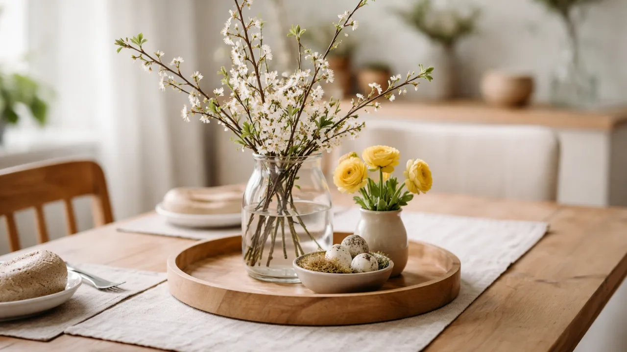 Esstisch Deko im April mit Holztablett, Frühlingsblumen und heller Tischdeko in natürlichem Stil
