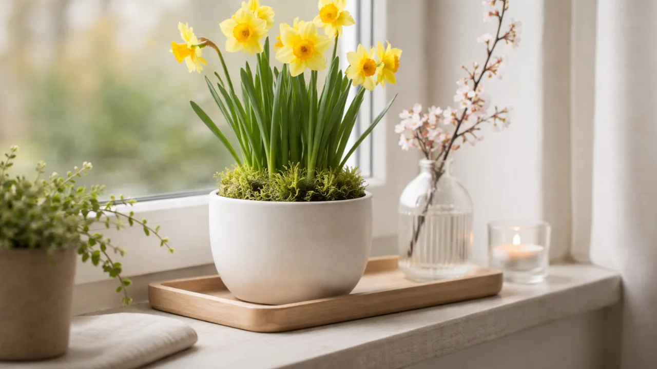 Fensterbank Deko im April mit Narzissen, Glasvase und Holztablett im Tageslicht