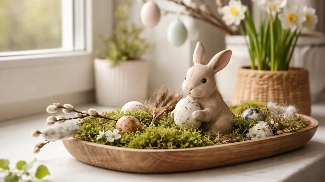 Osterdeko auf der Fensterbank mit Hasenfigur, Moos, Eiern und Frühlingsblumen im Tageslicht