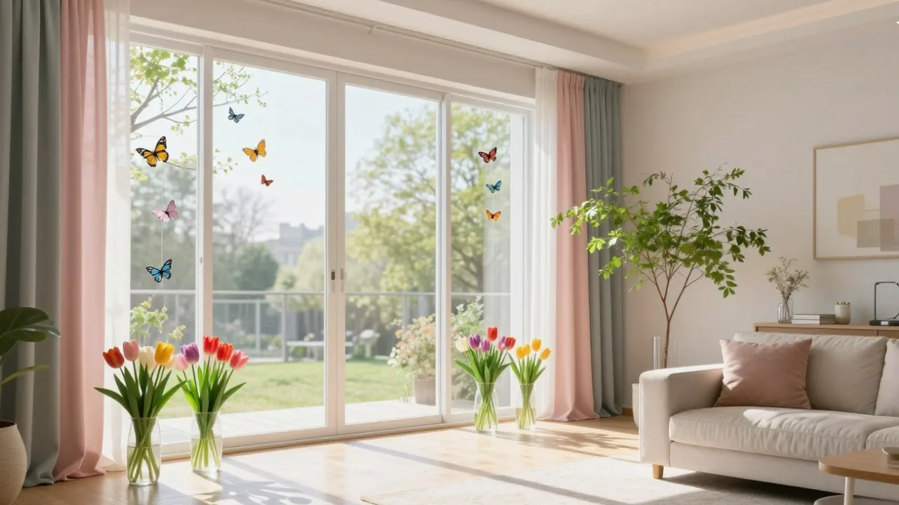 Frühlingsdeko große Fenster mit Tulpen in Vasen und Schmetterlingen am Glas im hellen Wohnzimmer