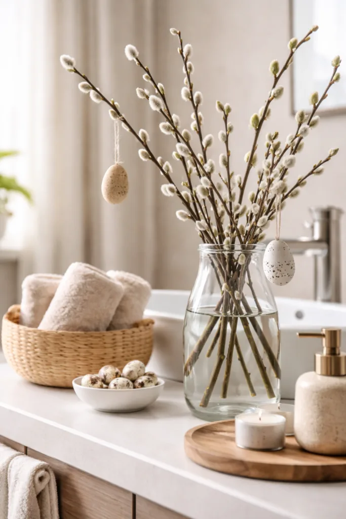 Osterdeko Badezimmer mit Zweigen, Vase und natürlichen Frühlingsakzenten auf Waschbecken dekoriert