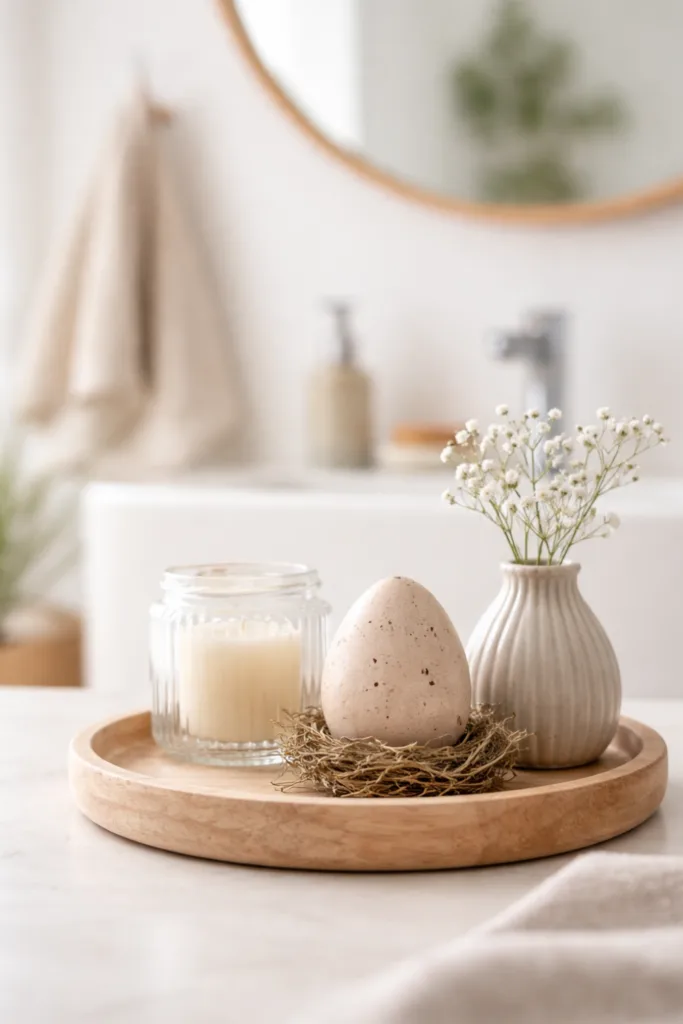 Osterdeko Badezimmer mit Tablett, Ei, Kerze und Vase in natürlichem Stil