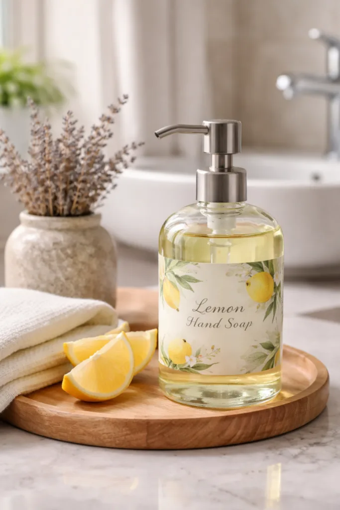 Osterdeko Badezimmer mit Zitronenseife, Holztablett und Lavendel für frische Frühlingsstimmung