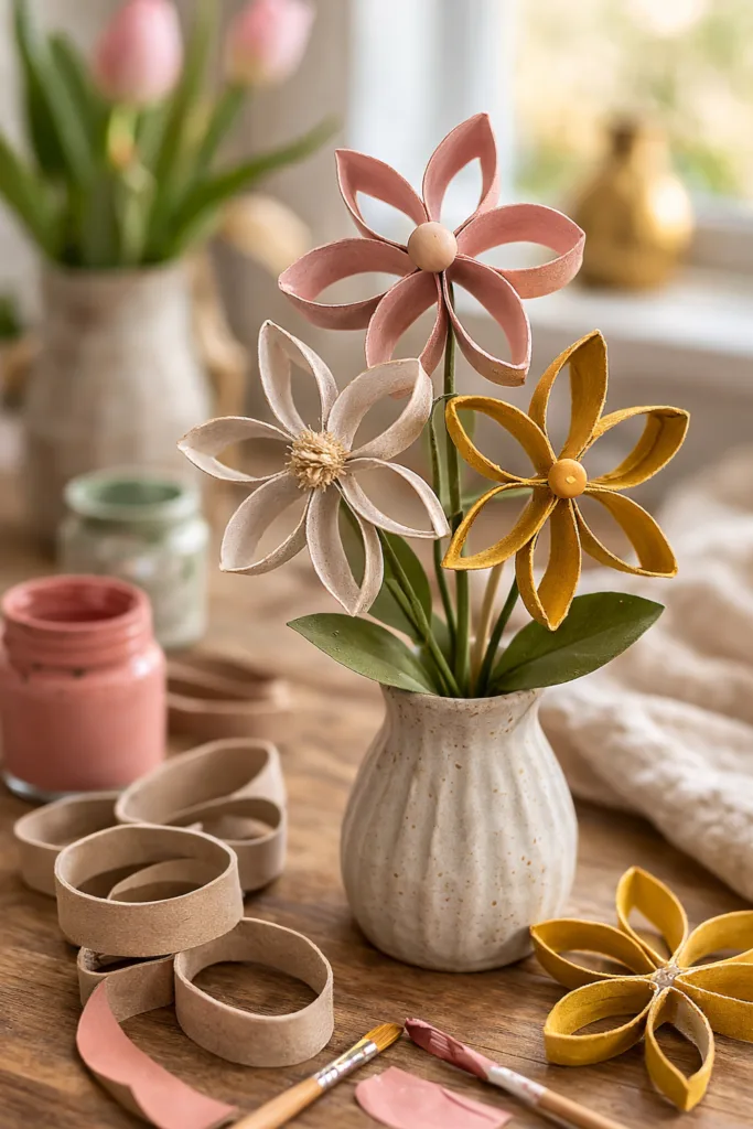 DIY Osterblumen aus Klopapierrollen auf Holztisch als kreative Osterdeko aus Klopapierrollen basteln