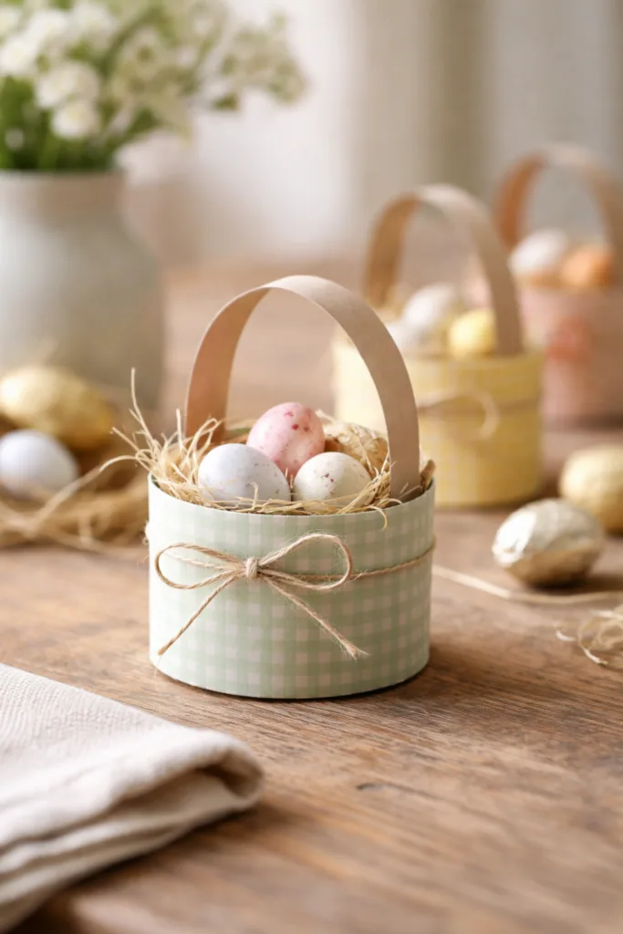 DIY Osterdeko aus Klopapierrollen: kleines Osterkörbchen mit Ostereiern auf Holztisch, Frühlingsdeko im Hintergrund